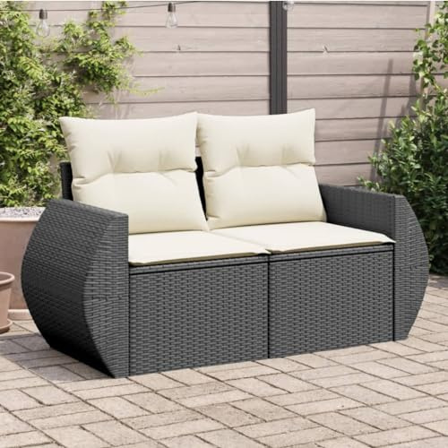 Teenpull Trädgårdsoffa med kudde, 2-sitsig, svart, tillverkad av robust poly rotting, UV-beständig, 142 x 62 x 69 cm, för terrass och balkong, mysigt loungeset för utomhusbruk