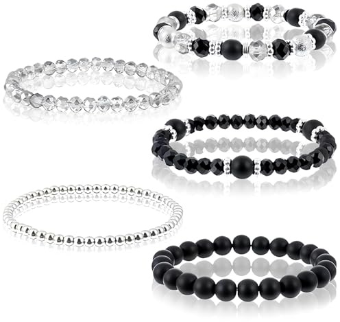nuneoeuo 5 Pcs Bead Bracelets for Womens Set, Black Bracelets for Women and Beaded BRacelets for Women, Stretch Crystal Bracelet Costume Jewellery for Womens Stackable Crystal Bracelet Jewelry