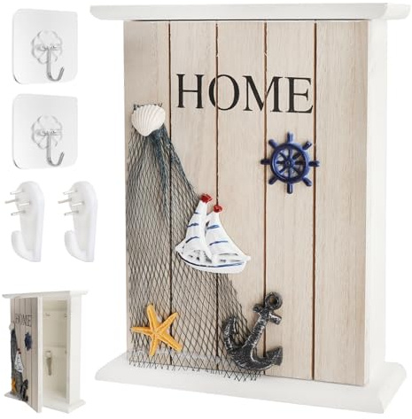 XRVRILE Caja para Llaves Madera, Portallaves de Pared, Caja de Llaves Madera con 6 Ganchos Metálicos – Porta Llaves Entrada Casa, Organizador de Llaves, Estilo Marinero Mediterráneo Decoración
