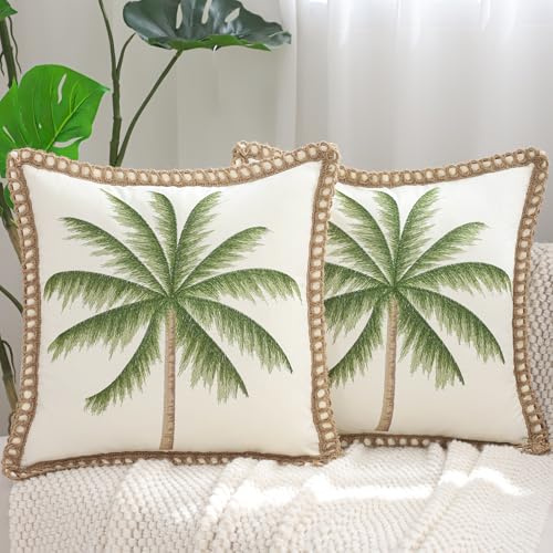 Tosleo Embroidered Throw Pillow Covers 18x18 Set of 2 Green Palm Tree