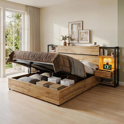 Cayipng Cama de matrimonio de 160 x 200 cm con cajones y puerto de carga USB y tipo C de madera, cama de almacenamiento hidráulico, cabecero de almacenamiento, somier con listones de madera, acabado