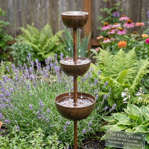 Rain Catcher - Plant Support Metal Garden Ornament, 27in Bronze Rain Catcher Garden Stake, 3-Tier Cascading Bird Bath & Bee Watering Station for Climbing Plants