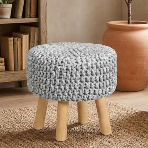 FOAM RANGE Chunky Knitted Round Pouffe Footstool with Wooden Legs | 100% Cotton Handmade Ottoman Foot Rest Stool | Padded Seat, Non-Slip Base | Living Room, Bedroom & Lounge (Silver)