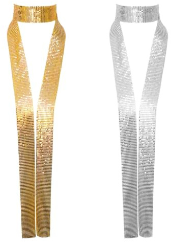 Cryluxial 2 Pièces Cravate Femme Foulard Doré et Argenté Chapeau Paillette Accessoire Disco Cravate Paillette Étole Dorée Écharpes et Foulards Femme Chapeau Disco Accessoires Argent