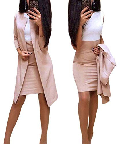 Minetom Femme Combinaison de Robe Deux Pièces Ensemble Élégante Crayon Robe et Veste Longue Entreprise Bureau Soirée Fête Formel B Kaki 42