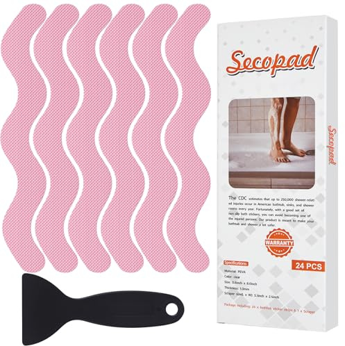 Secopad Adesivi antiscivolo, 24 pezzi, strisce di sicurezza per vasca da bagno, doccia, scale (Rosa)
