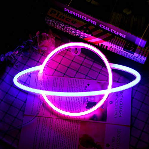 Wovatech Insegne al neon del pianeta - Luci per insegne al neon con base Lampada da tavolo a led Luci blu Rosa Luce notturna - Funziona a batteria o USB per la decorazione della camera dei bambini