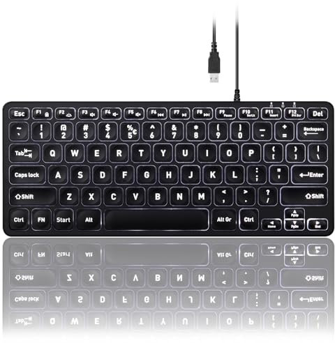 Perixx PERIBOARD-332 Wired Backlit USB Keyboard - Mini 11.22x4.57x0.83 Inches - Slim Scissor Keys with Big Font - White Illuminated LED - US English…