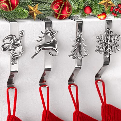 4 Piezas Colgadores de Calcetín de Navidad para Chimenea, Kalolary 4 Estilos Soportes Calcetín Navidad para Manto Ganchos Calcetín Resistentes y Antideslizantes para Decoración Navideña Hogar (Plata)