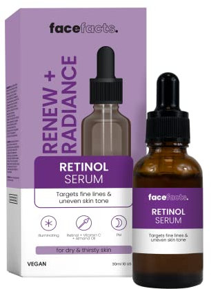 Face Facts Renewing Facial Night Serum; Gentle level retinol (vitamin A), hydrating rice protein and brightening Vitamin C, renews and illuminates; Targets fine lines and uneven skin tone 30ml
