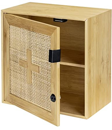 WENKO Medikamentenschrank Allegre, abschließbares Schränkchen zum Aufbewahren von Medikamenten aus Bambus und Rattangeflecht im Boho-Style, inklusive Befestigungsmaterial, 30 x 30 x 17,8, Natur
