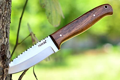 Perkin Couteau de chasse à lame fixe pleine soie avec gaine en cuir, lame solide et tranchante, couteau de chasse de survie en plein air