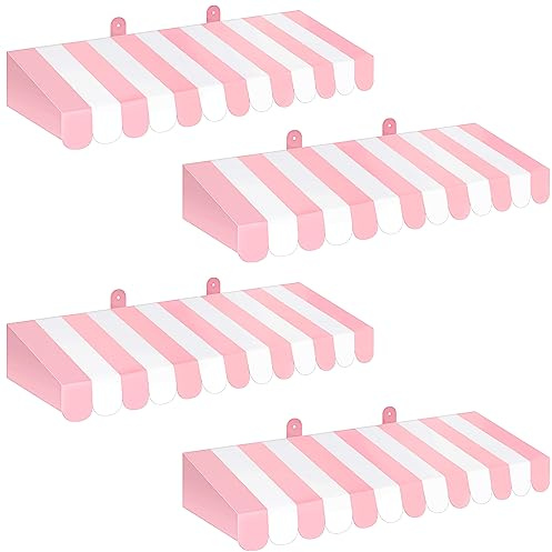 Boao 4 Pack Pink Circus Awning Decoration 3D Pink and White Stripe Cardboard Awning Bulletin Board Wall Decor Sweet Ice Cream Party Favors for Lemonade Stand Truck Bulletin Board