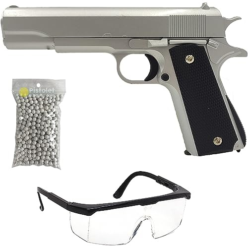 Saigo Defense Pack Airsoft Pistolet Style 1911 à Ressort/Couleurs: Noir et Argenté/Matière: Métal/Puissance 0.3 Joule/Livré avec Accessoires