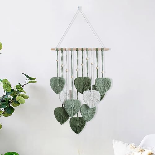 HNLMZ makramé vägghängande handgjord boho väggdekoration, gobeläng, vävd makramé, gobeläng med träpärlor och blad för vardagsrum, sovrum, bröllop, semesterdekoration (armégrön)