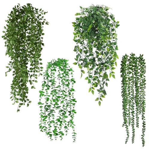 Auauraintt 4 Pezzi Piante Finta Cadente, 55-80 cm Pianta Artificiali Pendenti, Piante Finta con Vaso, Plastica Piante Pendenti Artificiali per Decorazione Matrimonio Giardino Casa Balconi