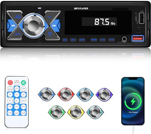 Autoradio 1 din con EQ - Radio Bluetooth con Radio FM, Assistente Vocale, Localizzazione APP, Ingresso Disco USB/AUX/TF, Memoria di Spegnimento, Retroilluminazione Colorata + Telecomando