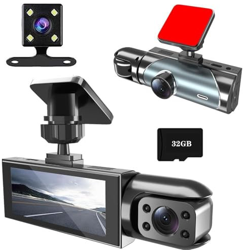 WAVANCKY Caméra Dashcam, 1080P Dashcam Voiture Avant et Arrière, 170° Grand Angle 3 Canaux avec Fil, SD 32GB Inclus, Vision Nocturne & Étanche, Enregistrement en Boucle 24H, G-Sensor