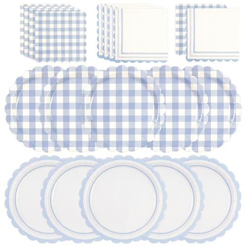 HiEnjoin Lot de 48 assiettes y servilletas de cartón vichy azul con borde ondulado - Platos desechables de papel con motivo de cuadros - Platos decorativos de papel vichy para fiesta prenatal