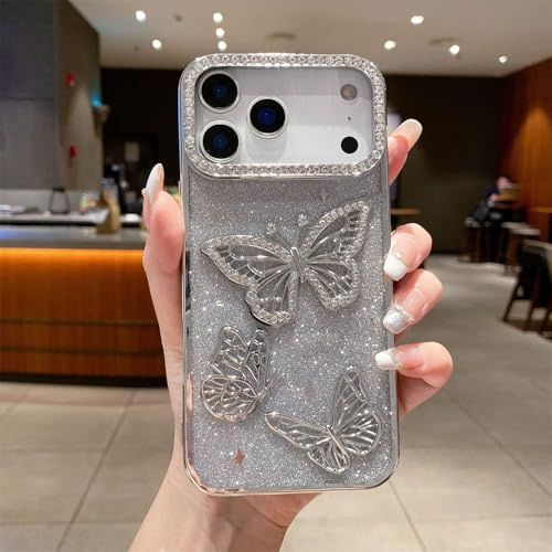 Rokmym Fodral kompatibelt med iPhone 17 Air söt 3D fjäril mobiltelefonfodral bling diamant glitter kamera skydd mjuk TPU stötfångare stötsäkert fodral skyddsfodral för iPhone 17 Air, silver