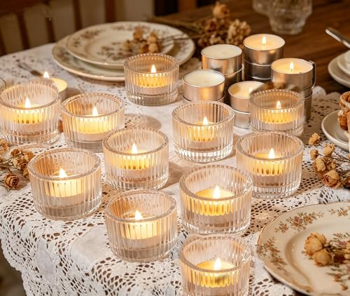Vintage Ribbed Glass Tealight Candle Holders, 12 Pack Clear Small Glass Candle Holders for Wedding Party Home Table Decor, Valentine's Day Christmas Festival Decoration, 5 x5x 3.5cm