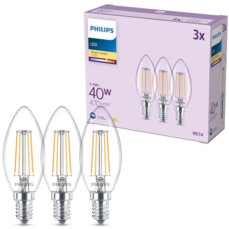 Philips LED-ljuskälla, 3-pack, B35, E14, 470 Lumen, 40 W, Kronljusdesign, LED Lampa, Lång Livslängd, Belysning med Varmvitt Ljus, 2 700 K, Klar Glödlampa