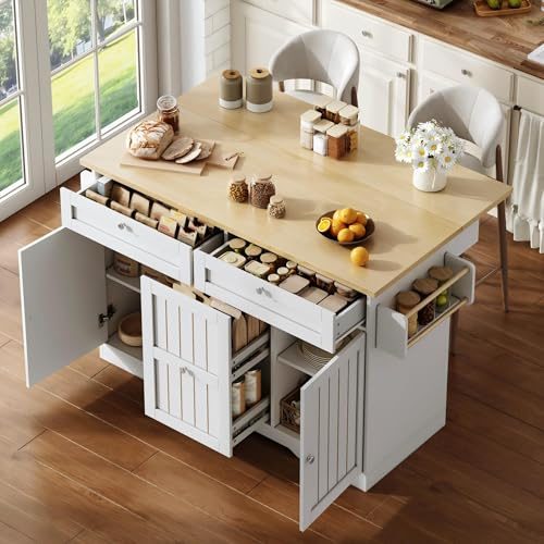 Henjda Isla de cocina móvil con encimera plegable, con ruedas, carrito de cocina, con 3 cajones y 2 puertas, armario de cocina, para cocina, salón, 120 × 45 (70) × 92 cm (blanco - A)