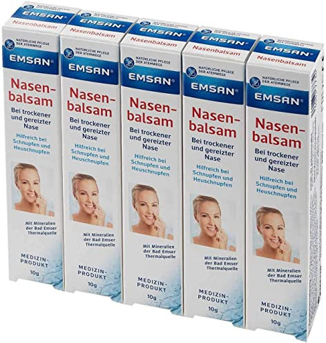 Emsan® Nasenbalsam 5er Pack | Zur Befeuchtung und Pflege bei Schnupfen | Für trockene und gereizte Nasen | Bei Krusten-und Borkenbildung, auch bei Allergien geeignet