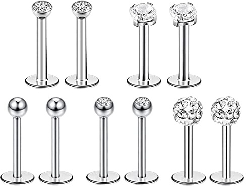 Liuxn 5 Styles 16 Gauge Nose Studs en Acier Inoxydable Boucles d'oreilles Tragus Bars Bars Labret Cristal Ball Labret Body Piercing, 5 Paires