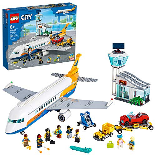 LEGO City Passenger Airplane 60262, with Radar Tower, Airport Truck with a Car Elevator, Red Convertible, 4 Passenger and 4 Airport Staff Minifigures, Plus a Baby Figure, New 2020 (669 Pieces)