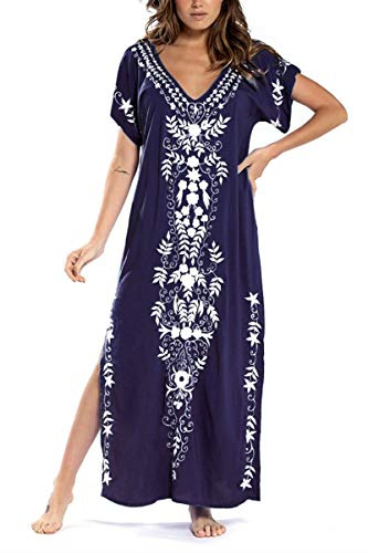 YOUKD Coton D'été Brodé Floral Lâche Caftan Boho Beach Bikini Cover Up Dress Grande Taille Robe pour Les Femmes