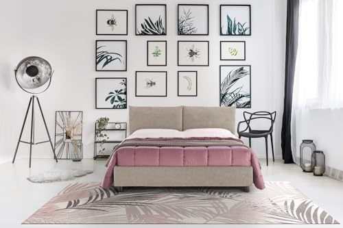 EVERGREENWEB - Letto Matrimoniale con Moderno Box Contenitore e Rete a Doghe in Legno 160x195 cm Elegante Testiera con Doppi Cuscini Tessuto Tortora Imbottito SFODERABILE Ideale per Camera da Letto