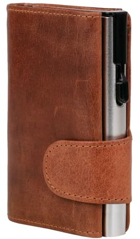 ClickSafe 962508 Kreditkartenetui mit Münzfach und Geldscheinfach aus cognacfarbenem Büffelleder mit champagnerfarbenem Aluminium Tresor und RFID Schutz (Kartenetui, Kartenhalter, Slim Wallet)