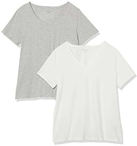 Amazon Essentials Women's Plus Size Short-Sleeve V-Neck T-Shirt, Pack of 2, White/Light Grey Heather, 2X