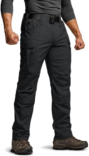 CQR Men's Flex Stretch Tactical Pants, Water Resistant Ripstop Cargo Pants, Lightweight EDC Outdoor Work Hiking Pants, Tac-Stretch Cargo Zip Black, 34W x 30L