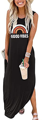 Sxkayxr Robe Longue Femme Chic et Elegant sans Manches Col Rond Robes Longues de Plage d'été pour Femmes avec Poches