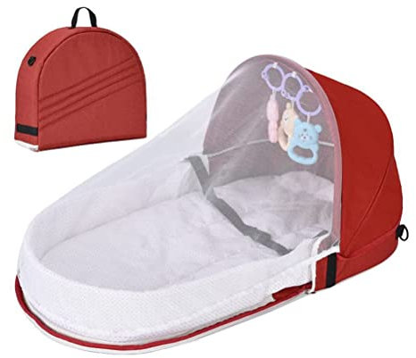 Tragbares Babybett mit Spielzeug, weiches faltbares Reisebett, Baby-Reisebett Schläferbett Anti Moskitonetz Krippe Kleinkind Neugeborenes Schläfer für Outdoor Camping Reisen (Rotwein)