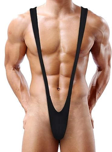 ROSVAJFY Men's Sexy Thong Underwear, Borat Mankini V-String Suspender Bodysuit, V Strap Jockstrap Swimming Jumpsuit, Novelty Stag Fancy Dress, Stretch One-Piece Swimsuit Christmas Costume (Black)