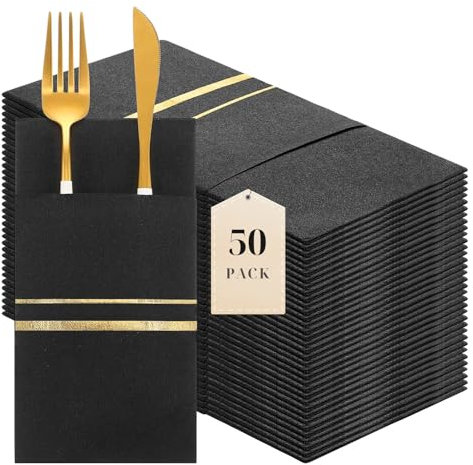 LEKOCH 50 PCS Einweg Besteckservietten Schwarz mit Gold, Air Laid Stoffähnlich Servietten Vorgefaltet Bestecktasche Für Hochzeit Premium QUALITÄT,43x30