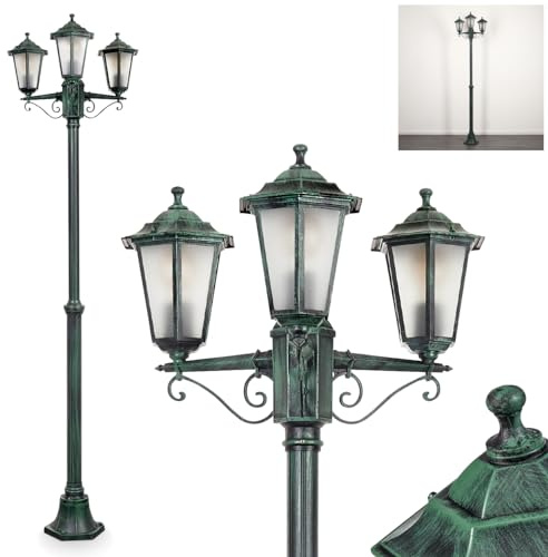 Lampada da esterni Loria, lampada da sentiero in metallo/vetro smerigliato in nero/verde/bianco, candelabro a 3 luci, effetto antico, altezza max. 200 cm, illuminazione da giardino IP44, 3 lampadine