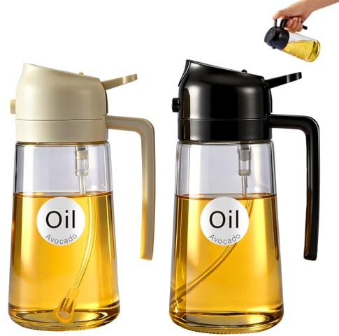 Rngeo Confezione da 2 spruzzatori per olio per cucinare, dispenser per olio d'oliva 2 in 1 per cucina, 500 ml, dispenser per olio in vetro per uso alimentare, per friggitrice ad aria, forno e