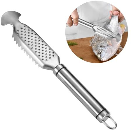 Shirene Fischschuppen aus Edelstahl Entfernen,Fischschuppen Werkzeug Profi Fisch Scaler Scraper 4-in-1 Küchenutensilien Werkzeug zum Entfernen von mit Ingwerreibe Design Fischreinigungs Fischschaber