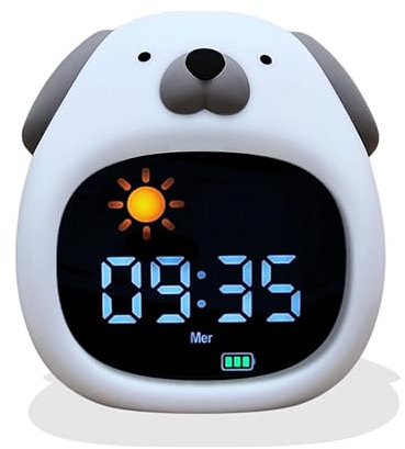 Reveil Enfant Educatif Jour/Nuit - Veilleuse Enfant Musicale et Lumineuse, Horloge Éducative avec Musique Relaxante - Bruit Blanc, Décoration Chambre Bebe, Réveil lumineux – 4niv de Luminosité (Chien)