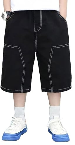 Generisch Short d'été baggy pour enfant - Respirant - Taille élastique - Pantalon de loisirs - Pantalon de randonnée - Pantalon d'été large - Pantalon de sport - Pantalon de travail, Noir , 140