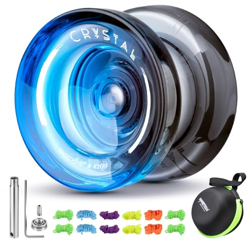 MAGICYOYO Responsive Yoyo for Kids K2 Crystal Black Blue, 2 in 1 - Responsive and Unresponsive Yo Yo, Finger Spin Trick Yoyo with Unresponsive Bearing, 12 Strings, Yo-Yo Bag, Tool & Accessories
