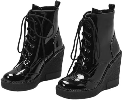LDXEQIZ Stivaletti Con Zeppa Stivali Stringati Con Plateau Da Donna Stivaletti Biker In Vernice PU Tacchi Alti 11 Cm Scarpe Calde Alla Caviglia For Autunno E Inverno(38 EU)