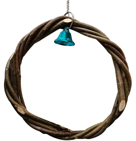 Balançoire à Anneau pour Perroquet – Perchoir pour cageà Oiseaux en Bois, jouetà mâcher avec Cloche, jouetdebout | Accessoire interactif Lovebird Finch Conure, balançoire en Anneau de rotin Durable