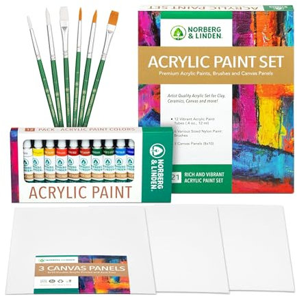 Acrylic Art Set - 12 Acrylic Paint Tubes - 6 Paint Brushes - 3 Canvas Panels - Art Supplies
