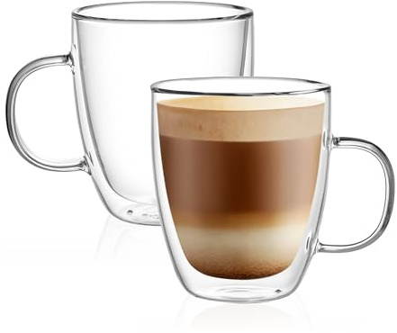 CNGLASS Double Wall Glass Coffee Mugs 12 oz,Insulated Glass Coffee Cups with Handle,Clear Espresso Mugs for Cappuccino,Latte,Tea Bags,Hot and Cold Beverages,Set of 2