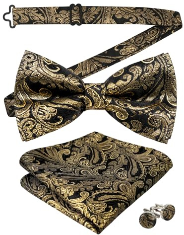 Alizeal Ensemble de nœud papillon pré-noué motif cachemire rétro pour homme, avec mouchoir de poche et boutons de manchette, taille unique